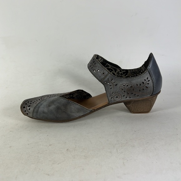 Rieker grey leather floral cut out Mary Jane minimalist heels women’s size 7 - Picture 6 of 9